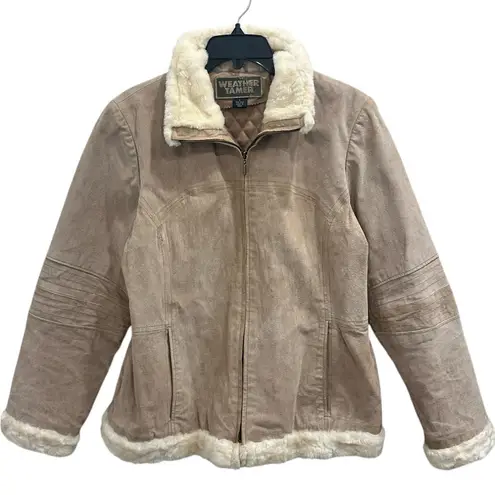 Weather Tamer VTG 90s Beige Suede Faux Fur Shearling Coat Aviator Pilot Sz Large Tan