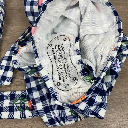 Unique Vintage Navy Gingham Floral Halter Tie Romper Style Swimsuit Sz.S/4 NWT