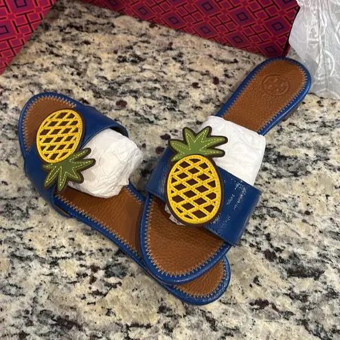 Tory Burch  Neptune pineapple flat all leather slide sandals