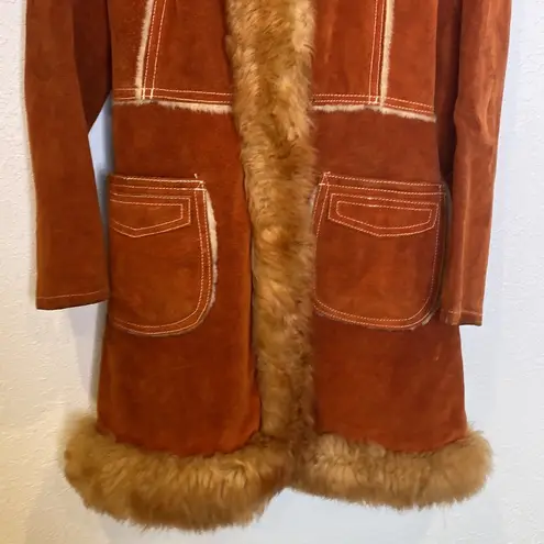 Vintage Rust Colored Suede Coat w/ Faux Fur Trim Snap Closure Sz XS Lined Hooded
