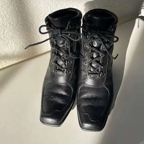 Timberland  Black Leather Square Toe Punk Lace up Wedge‎ High Ankle Boot. 6.5