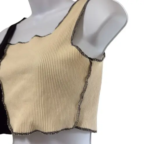 Storets  S/M Black White Asymmetrical Colorblock Distressed Ribbed Crop Top thumbnail 3