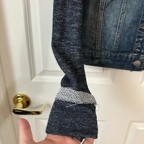 Mudd  Denim Jacket Womens M Trucker Sweater Sleeves Hoodie Dark Wash Distressed