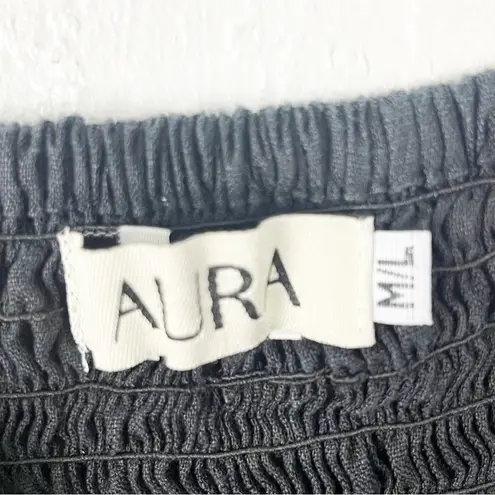 Aura Classic Black 100% Linen Smocked Top Puff Elastic Cuff Sleeve Dress Medium