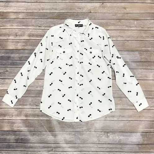 Karl Lagerfeld White Black Sunglasses Roll Tab Sleeve Button Up Collar Blouse XS