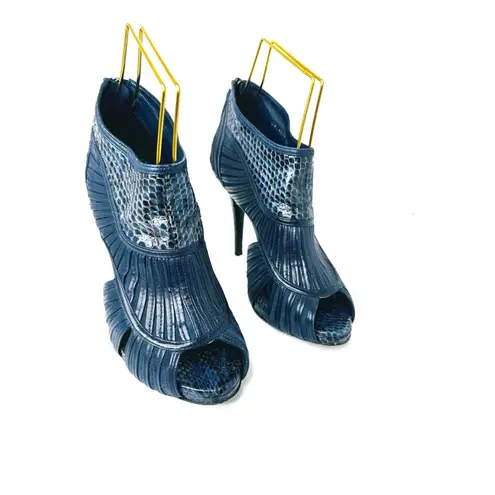 Dior Christian vintage Navy Snakeskin Embossed Open Toe Cutout Booties Size 37