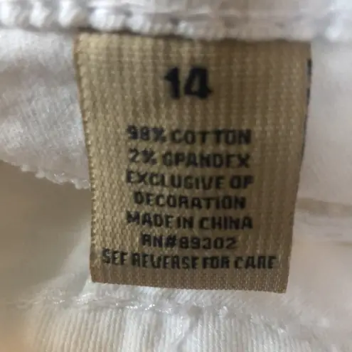 Earl Cropped White Jean Sz. 14X18 Cuff Hem Flap Pockets Stretch Rhinestones