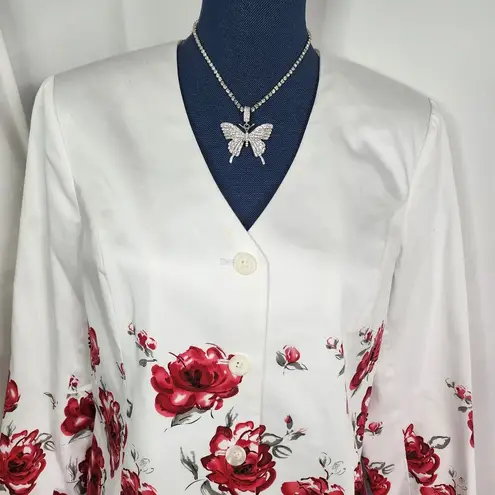 Victor Costa Occasion White with Red Flower Design Jacket and Pant Suit Size M