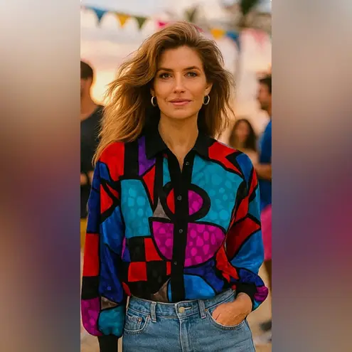 RARE NWT DEADSTOCK Vintage 80s Abstract Picasso Satin Bat Sleeve Loose Top 6 Black Size M