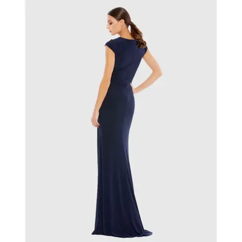 Mac Duggal Sz 0 Midnight Blue V-Neck Ruched Jersey Cap Sleeve Gown high slit