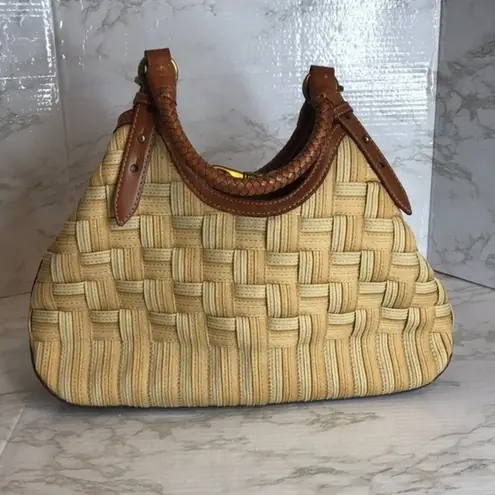 Cole Haan  GENEVIEVE Triangle Leather & basket Woven Canvas Tote bag purse