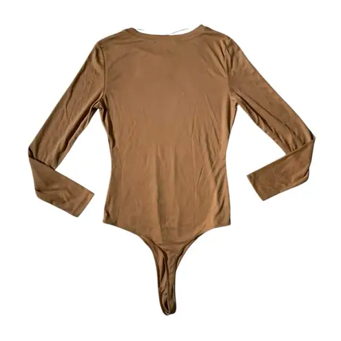 Elodie Tan Ribbed Crewneck Long Sleeve Thong Bodysuit NWOT