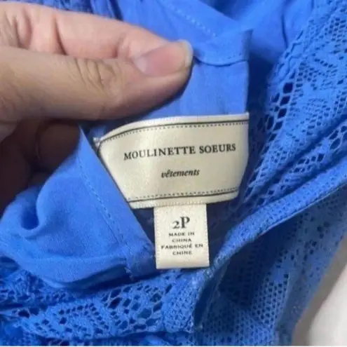 Moulinette Soeurs Blue Floral Lace Print Crew Neck V Back A Line Flare Dress