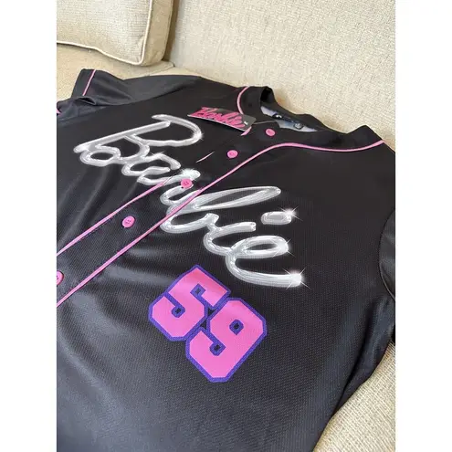 BARBIE Baseball Jersey Top Pink Black Rise & Shine Button Up Shirt Mattel Large