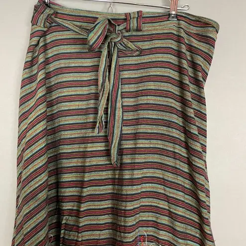 Striped Wrap Skirt Floral Embroidery Boho Flowers Ribbon Tie Waist Green Red Size undefined