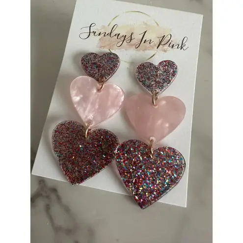 HEART Glitter Valentine Pink Drop Earrings NEW