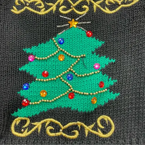 Vintage Christmas Cardigan Sweater Black Festive Holiday Cat Colorful Embroidery Size L