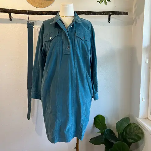 Vintage Blue Cotton Corduroy Utility Zipper Collared Shirt Belt Dress Size Small
