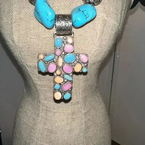 Sterling Silver Multi Color Cross Turquoise Necklace Blue thumbnail 1