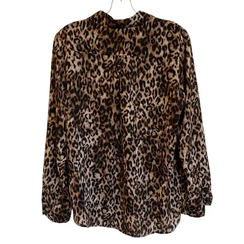 Pleione Covered Button Front Long Sleeve Leopard Print Blouse M - EUC