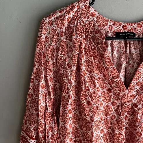 Anne Carson 3/4 Sleeve Blouse Top Women's Size S Orange White Floral V-Neck
