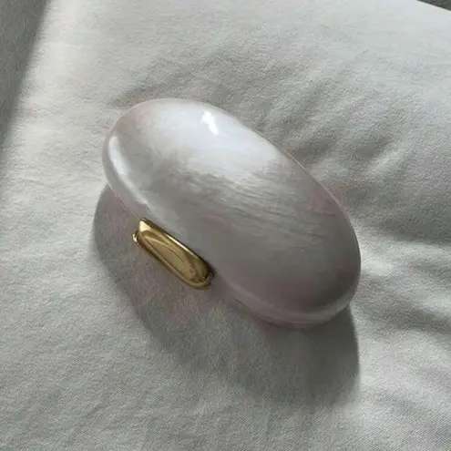 Ivory cream pearl gold accent oval box bag clutch with removable crossbody strap