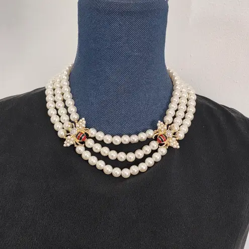Boutique Gold and Three Strand Pearl with Bee Accent and Earrings Set