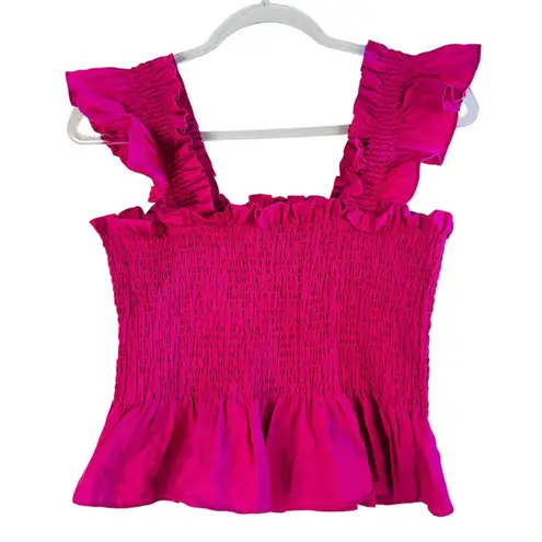 Hill House Home 100% Linen Smocked Ruffle Peplum Top M Hot Pink Fuchsia Coquette Size M