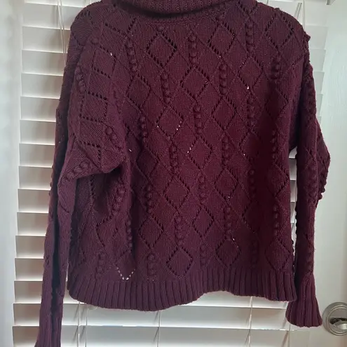 Loft Bobble Turtleneck Sweater Bold Bordeaux Size Medium Open Knit Cozy