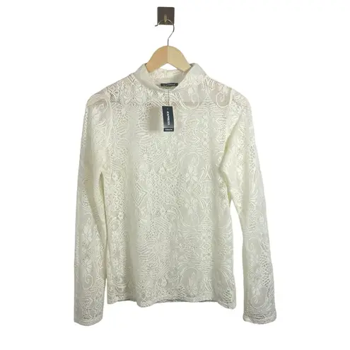 EXPRESS NWT  Lace Mock Neck Long Sleeve Sheer Top in Ivory Size M