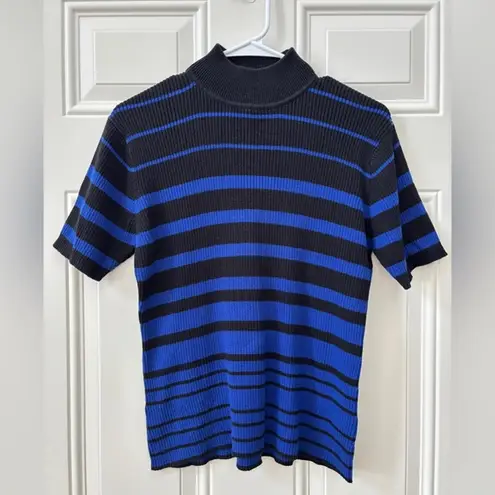 Yarnworks Blue & Black Striped Mock Neck Short Sleeve Knit Sweater Top Size M Size M
