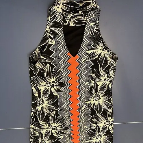 Milly Designer Floral Aesthetic Chevron Black / White / Orange Halter Dress Sz 4