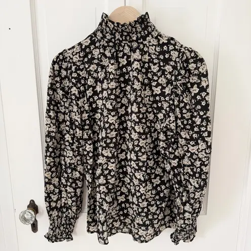FRNCH Paris Cihem Black Floral Puff Long Sleeve Ruffle Neck Blouse Top Small S