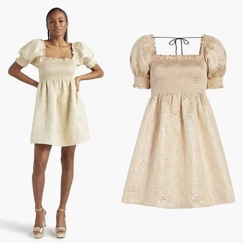 Hill House Dress Athena Nap Babydoll Smocked Mini Bridgerton Gold Brocade S GUC