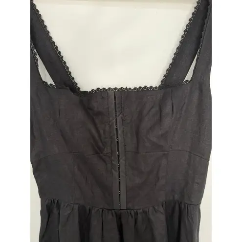 o.p.t Marina 100% Linen Minimalist Lace Trim Elegant Black Tea Length Dress 6 Size M