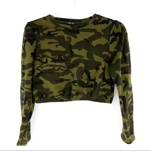 Timing  Long-sleeve Cropped Sweatshirt Camo Print Boxy Fit Size M