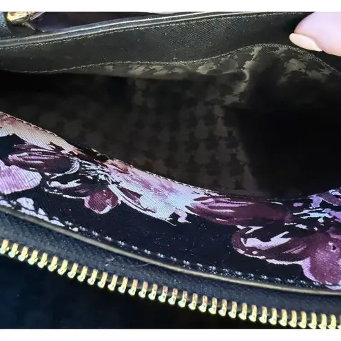 Karl Lagerfeld Paris Zip Top Tote Bag Satchel Black with Pink Flowers