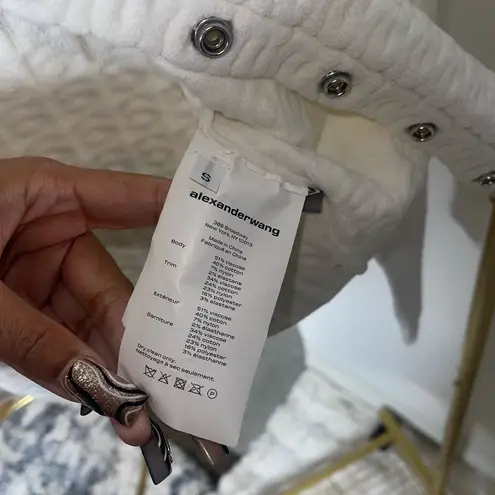 Alexander Wang Ivory Jacquard Logo Crop Snap Front Cardigan