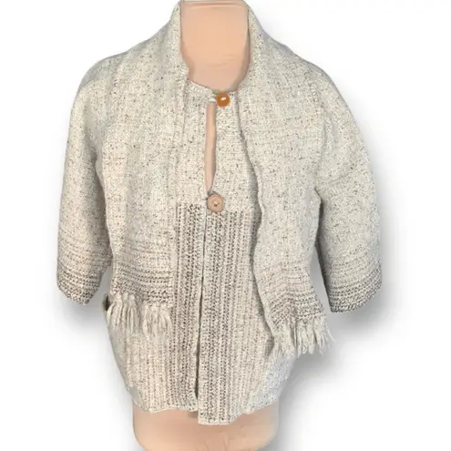 Vintage Shepherds Harvest Wool Cardigan Oatmeal Knit Fringe Scarf Jacket Large Tan