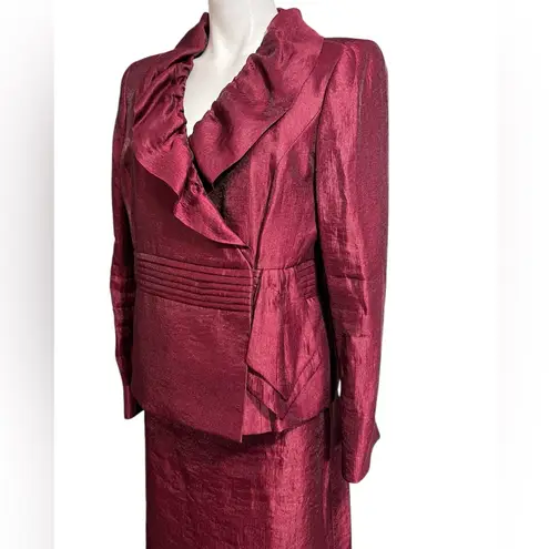 Kasper blazer & Skirt Suit set Red satin Ruffle trim long sleeve knee length