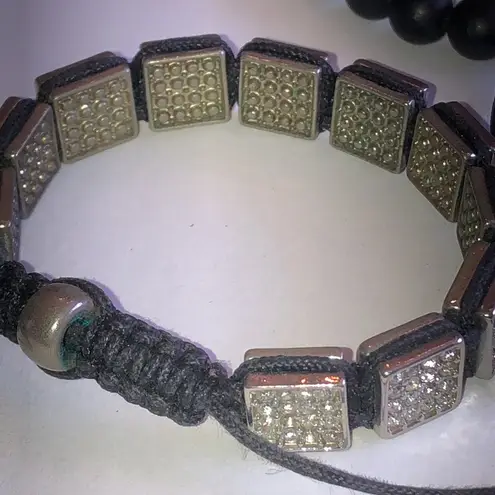 Black Shungite Beaded Silver Tone CZ Rhinestone Adjustable Boho Bracelets