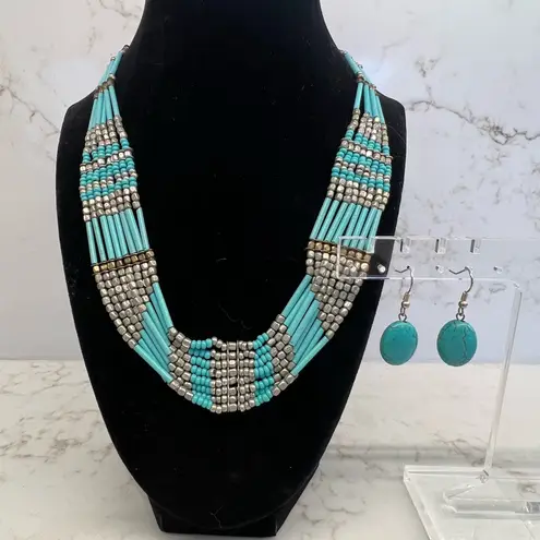 American Eagle  Outfitters Turquoise color beaded necklace and Turquoise earrings