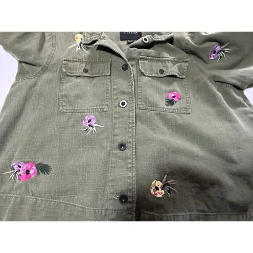 Buffalo David Bitton Jacket Womens Medium Green Cotton Canvas Floral Embroidered