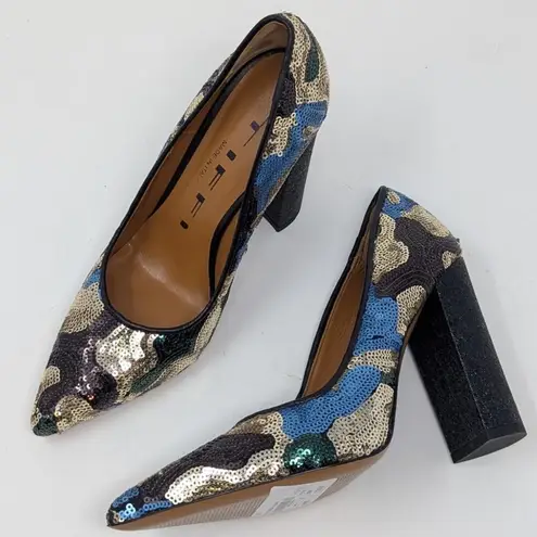 TIFFI Sequin Pointed Toe Block Heels Black Gold Blue Size 37