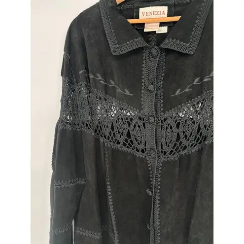 Venezia Womens Black Suede Western Jacket Long Coat Plus Size 1X Fringe Crochet