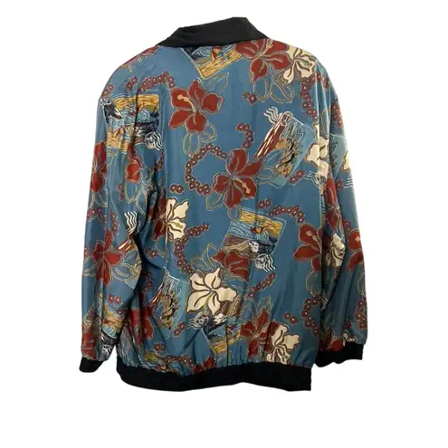 Vintage 100% Silk Blue Floral Bomber Jacket Women's Size XL Shoulder Pads