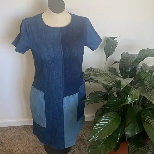 Hope & Harlow Denim Dress Womens 4 Blue Color Block Stretch Short Pocket Size 6
