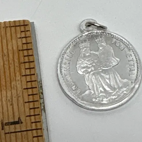 Vintage Kloster Ettal Germany Religious Medal Charm Pendant Silver Tone Mary