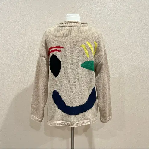 Smiley Wink Face Tan Oversized Sweater Size Medium