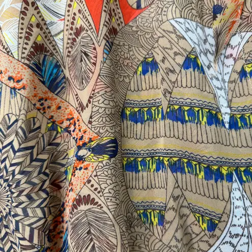 HOPE Boho Sheer Printed Cape Poncho Top Tan Tie Neck Ruffle Hem Festival Hippie Orange Size undefined
